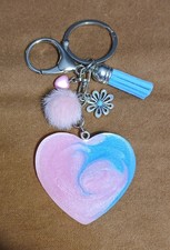 Heart Shaped Resin Pink  Blue Keychain With Charms Tassel Pom Pom