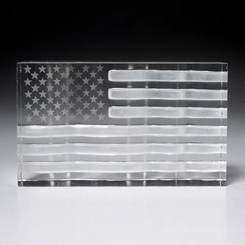 David Dowler Steuben Glass Waving American Flag Block Sculpture Clear Crystal