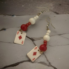 Red & White Beaded Dangle Hook Earrings w/ Pl...