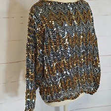 Vintage Holiday Sequined Black  Gold Blouse Costume Top Loud Shiny Sparkly