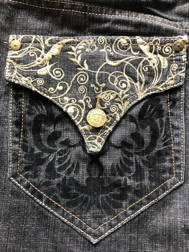 Delf Jeans Black w/ Gold Thread Velour Embellishment Mens 42x32 Cotton Baggy Y2K - Picture 10 of 14