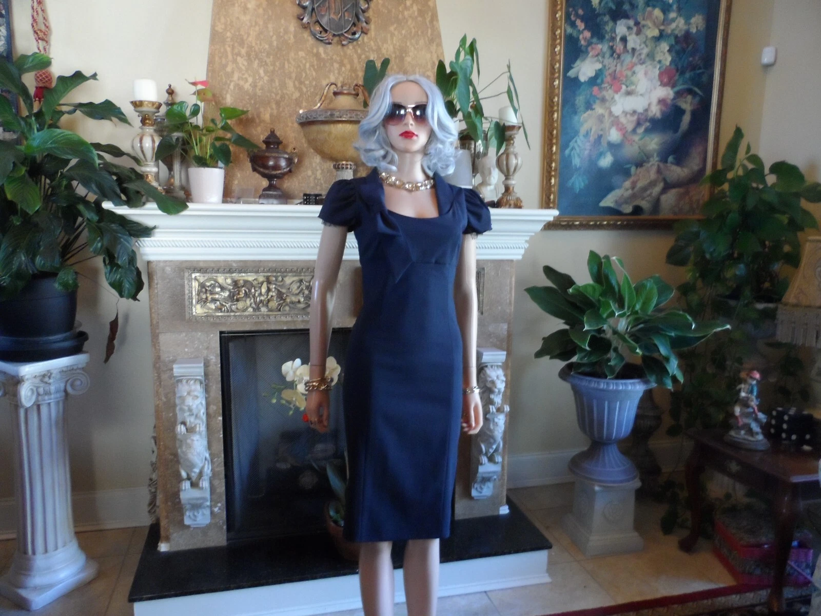 Abito tubino rosso Valentino blu navy lana vergine con dettaglio fiocco taglia US 4