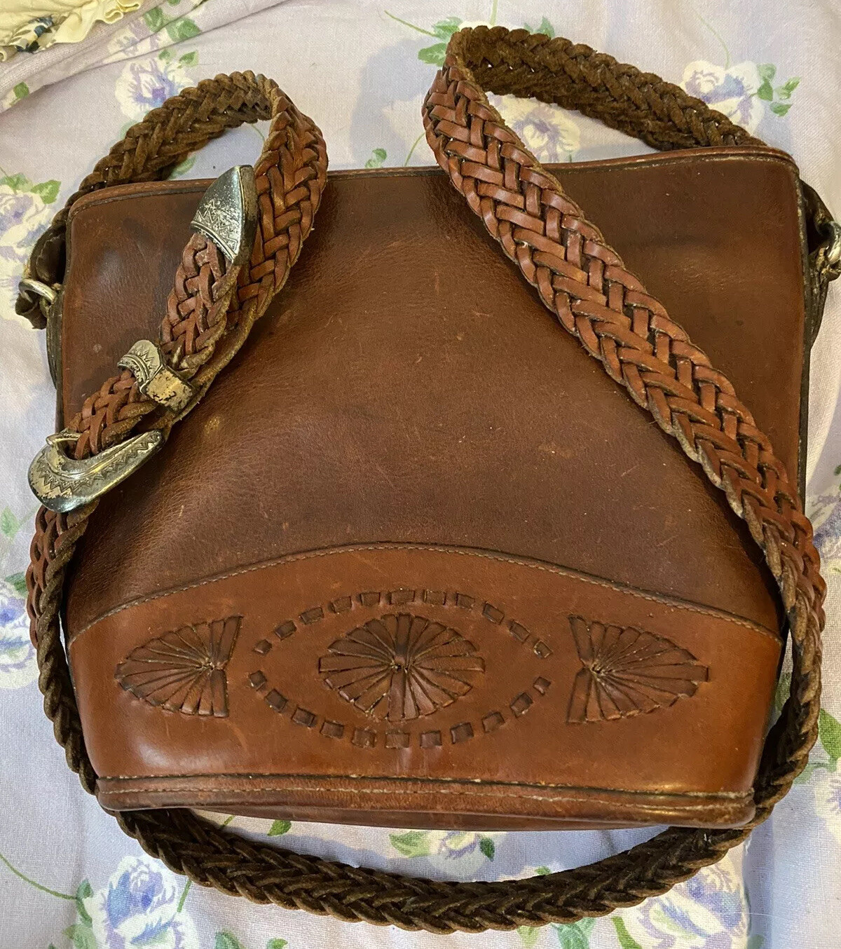 PONY Borsa a tracolla BRIGHTON marrone whisky VINTAGE cucita a mano HIPPIE in pelle HandBaG