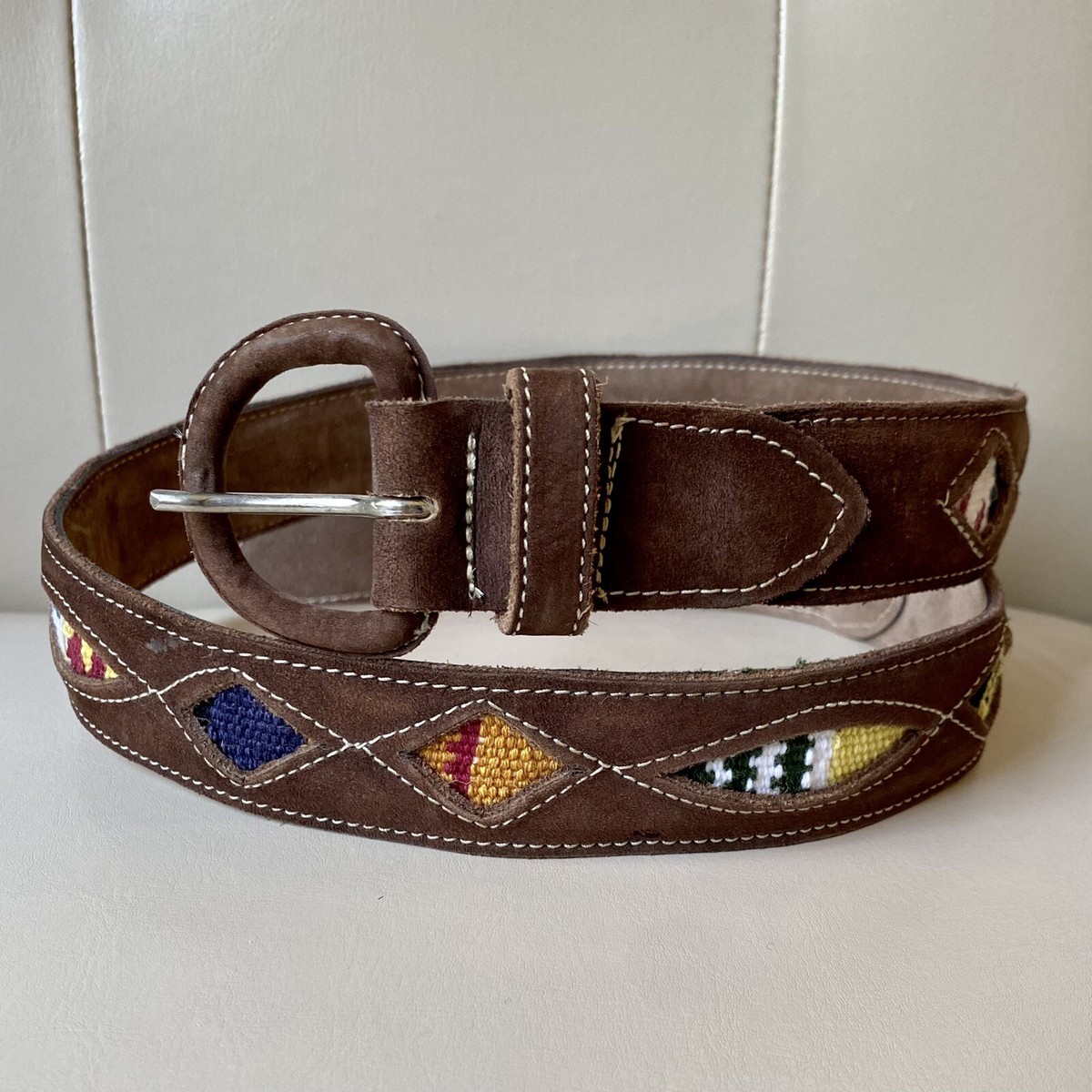 Brown Leather Belt Embroidered Cutouts Colorful Boho  display picture 2