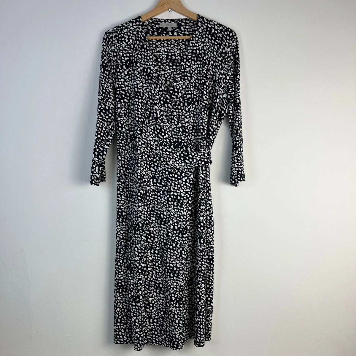 HOBBS Dress Black UK 14 Floral Daisy Print Belted Fit Flare Long Sleeve Midi
