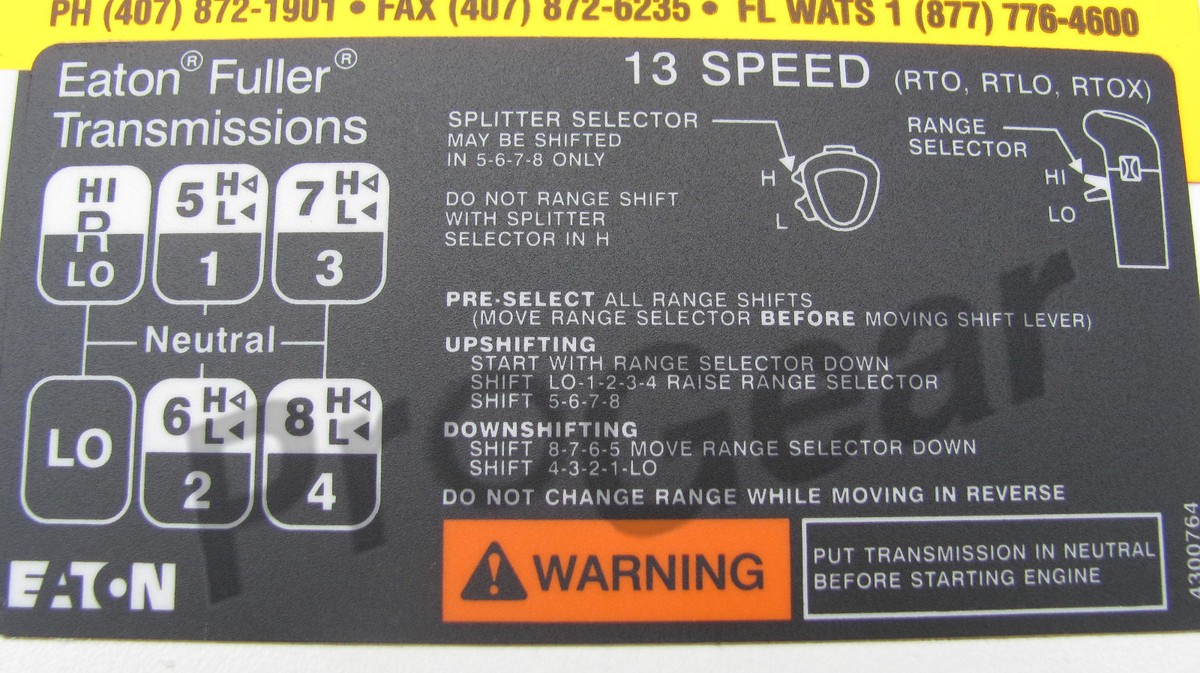 Eaton Fuller RTO RTLO 13 Speed Transmission Shift Pattern