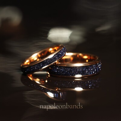 Sandstone Nebula Galaxy Ring Set, Rose 8mm & 4mm Gold Wedding Band, Comfort Fit