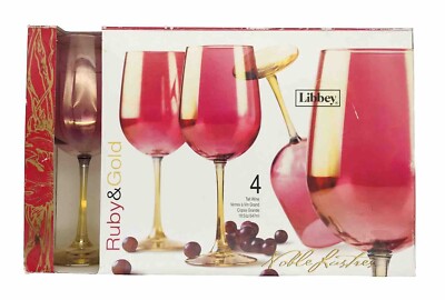 Libbey Ruby & Gold Tall Wine Glasses 9  18.5 Oz Set Of 4 Noble Lusters RARE