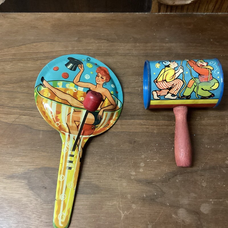 2 Vintage T. Cohn Noise Makers Clapper With Girl And Boy & Clown Wooten Handle 