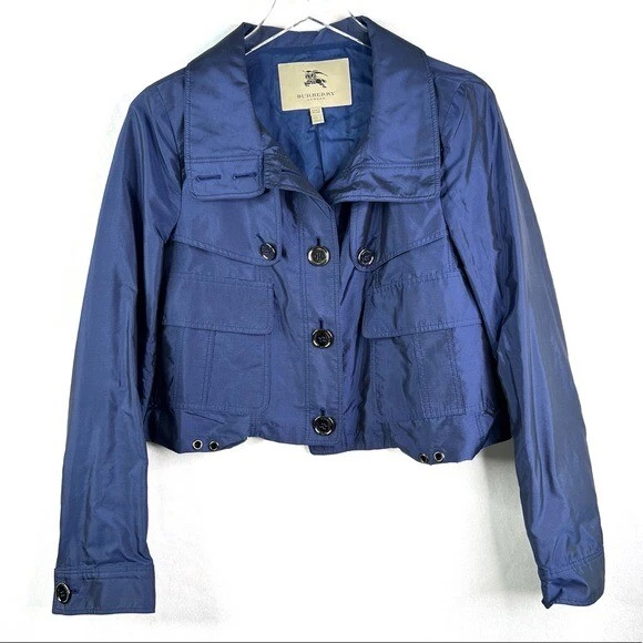 Burberry London Blue Silk Cropped Jacket Button Long Sleeve