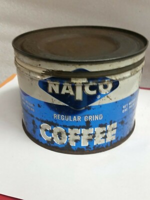 Natco Coffee can Reg Blue White Tin 1 lb key wound Chicago National Tea Co empty