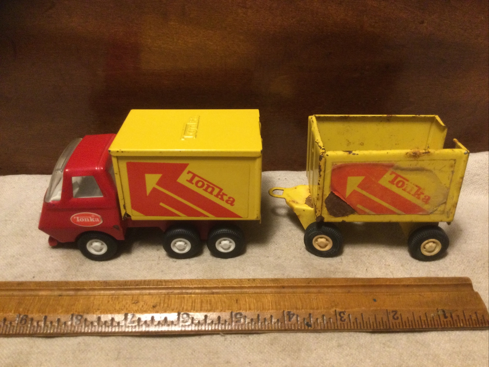 Vintage 1970’s Mini Tonka Pressed Steel Delivery Van Truck W/Matching Trailer