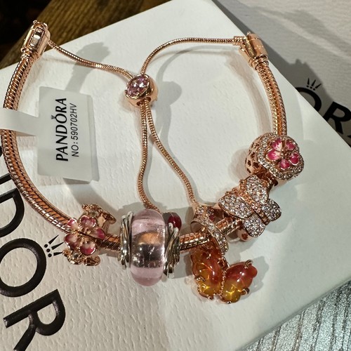 Pandora Genuine Rose Gold Slider Bracelet, 5 Cherry Blossom Charms, One Size