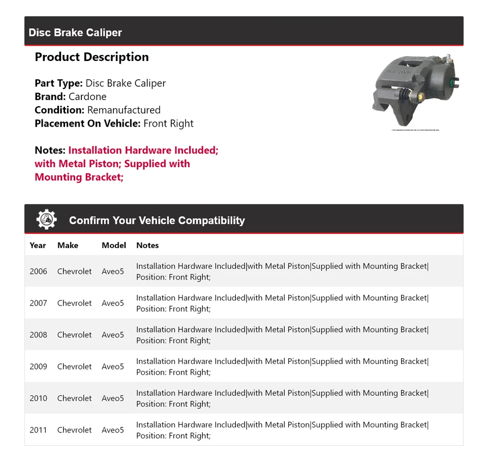 Pinza de freno de disco delantera derecha Cardone 2007 2008 para Chevrolet Aveo5 2006-2011 Foto 2 de 4