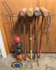 Vintage 1930s-40s Wooden Croquet Set on Rolling Wire Metal Cart Stand Outdoor