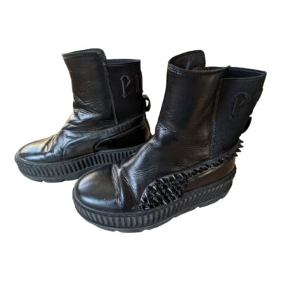 Puma - Fenty Collab Black Studded Leather Platform Moto Boots Size 6 Funky