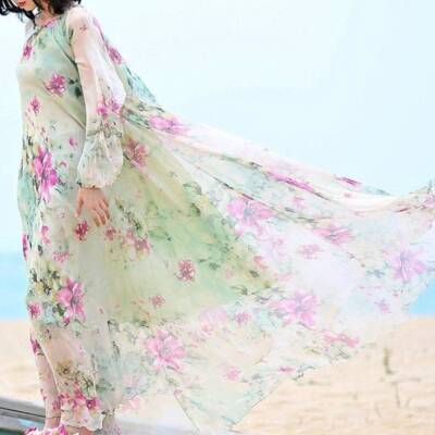 Maya Antonia Chiffon Maxi Dress, Mint-Green Watercolor Floral Long Sleeves/ Skirt | eBay