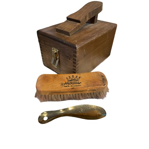 Vintage Shoe Shine Box Kit  Hanover 100%Horse Hair Brush Hanover Shoe-Show Horn - Picture 1 of 10