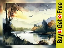 Serene Lakeside Dusk Watercolor Art Print - Nature Landscape Wall Decor 5 "x 7"