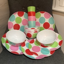 JOHN LEWIS 18 PIECE SPOTTED MELAMINE PLASTIC  ~ PLATES CUPS BOWLS SET  - UNUSED