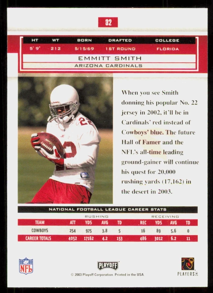 2003 Playoff Honors Emmitt Smith Arizona Cardinals #32 - Image 2 of 2