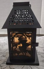 Halloween Black Metal Lantern Flying Witch Silhouette Candle Holder Orange Tint