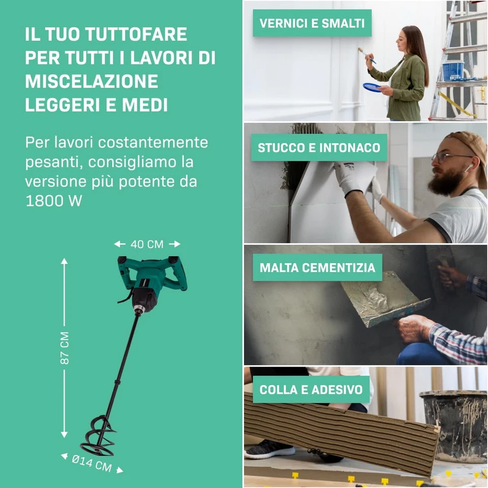 Miscelatore Cemento E Malta 1200W. Include Frusta Da 120X600Mm. Velocità Variabi - Immagine 4 di 4