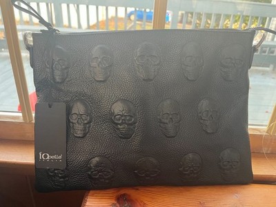 NWT IO PELLE Italia 3D Skull Viral Embossed Leather Medium Bag Tote Black