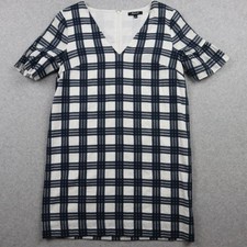 Madewell Dress Womens 2 Leighton Sheath Shift V-Neck Navy Blue Plaid Bell Sleeve