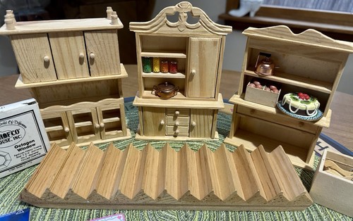 Vtg Dollhouse Miniature Wood Furniture Hutch Hoosier Stairs NIP NOS Accessories - Picture 10 of 14