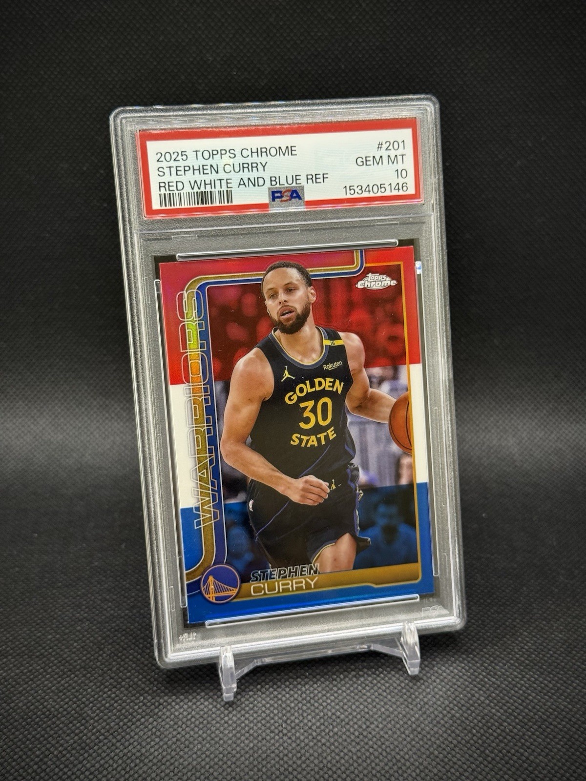 Stephen Curry 2025 Topps Chrome Red White and Blue Refractor PSA 10 Gem Mint view 2