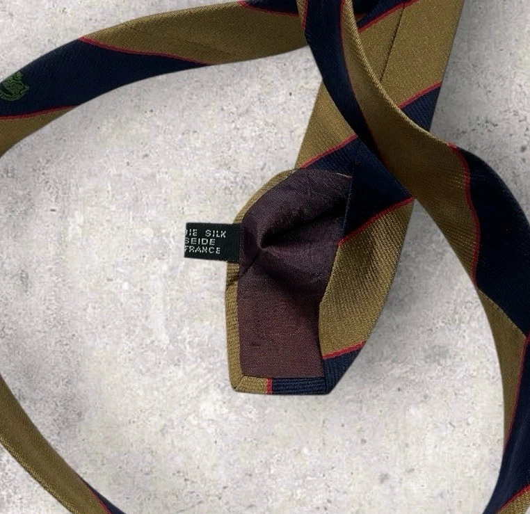 NUEVA LACOSTE Corbata de Seda ITALIA Azul Marino Dorado Rayas Logo W:3.5" Foto 3 de 4