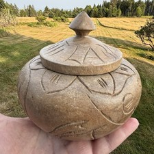Vintage Hand Carved Turned Wooden Wood Bowl With Lid Haiti Trinket Box