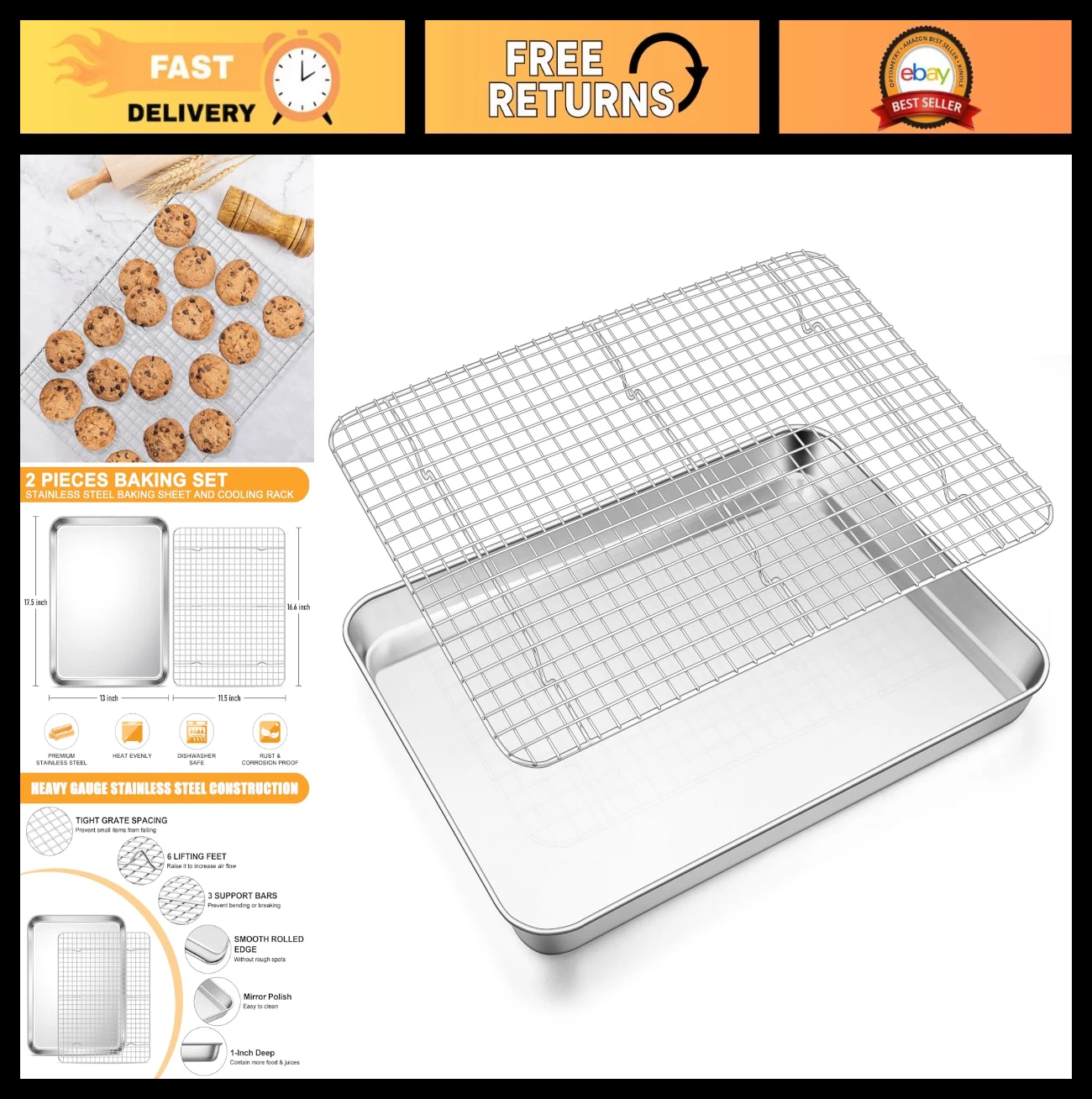 "Stainless Steel Baking Sheet & Wire Rack Set - 17.6” x 13” Non-Toxic Oven Tray"
