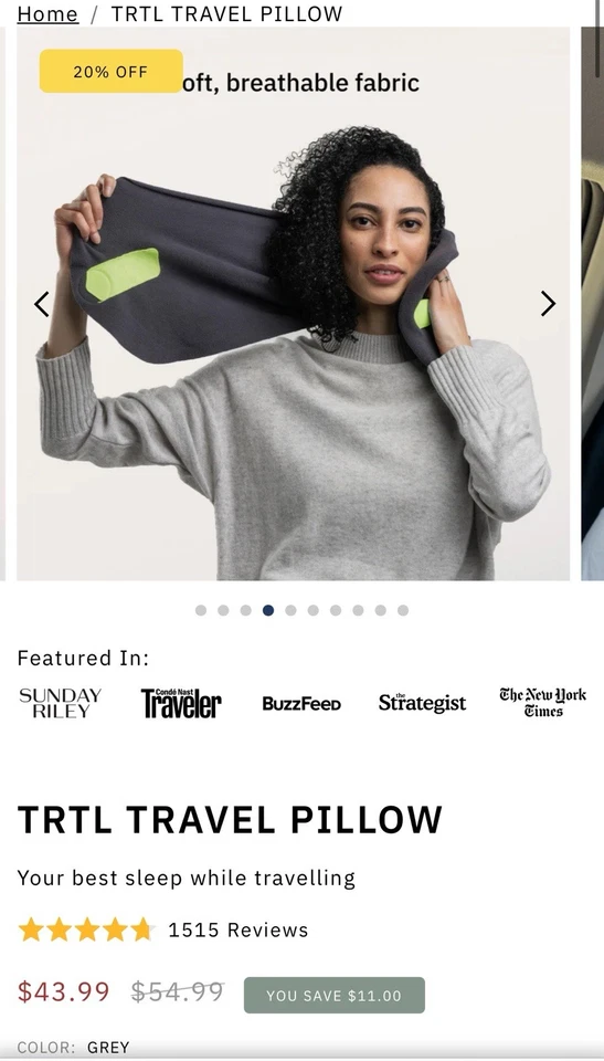 TRTL Almohada de Viaje Soporte para Cuello y Cabeza Avión Vellón Ajustable Gris Sin Bolsa Foto 2 de 4
