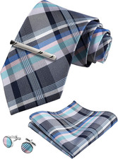 TIE G Stripe Plaid Mens Ties Set in Black Gift Box: Necktie and Pocket Square, C