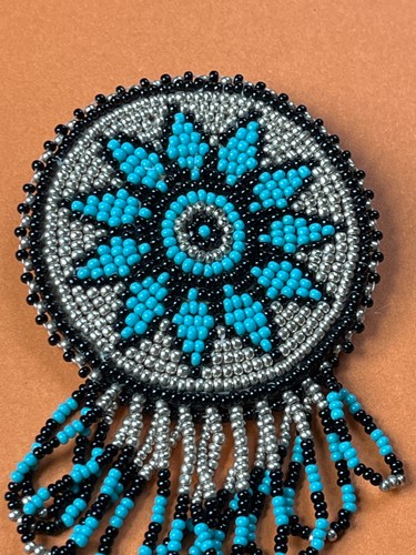 Vintage Large Turquoise Colored Black & Silver Southwest Star Beaded Medallion w - Picture 3 of 8