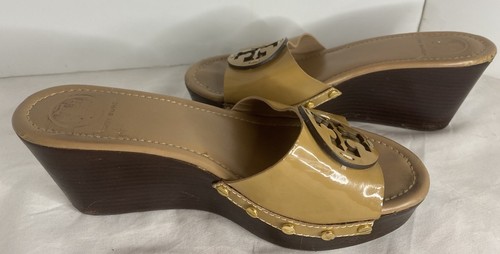 Tory Burch Slide Sandals Beige Tan Patti Wedge Patent Leather Slip On Size 7.5 - Picture 7 of 10