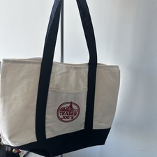 NEW Trader Joe's Canvas Tote Bag, Foldable, Reusable, Beige Navy Blue