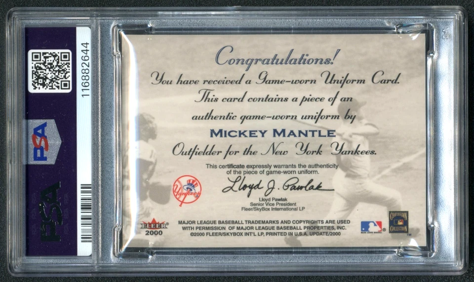Mickey Mantle 2000 Fleer Tradition Actualización Piezas Juego Usado Uniforme Yankees PSA 8 Foto 2 de 2