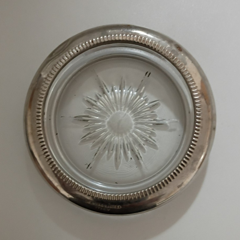 Round Clear Glass Starburst Coaster with Silver-Tone Metal Rim, Decorative