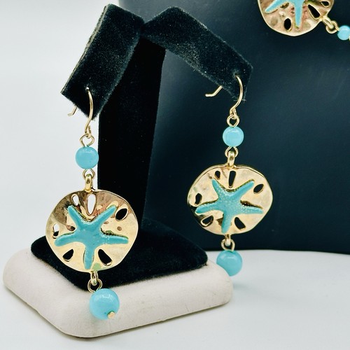 Juego de pendientes colgantes collar estrella de mar estrella de mar tono oro azul turquesa - Imagen 2 de 8