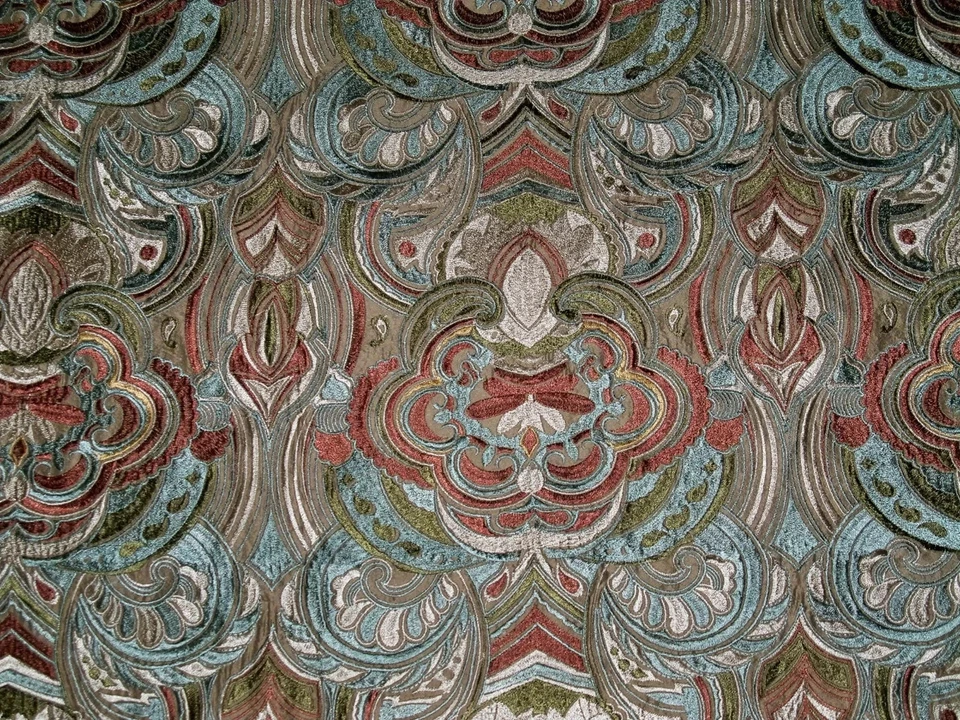 TAPESTRIA TAJ MAHAL MEDALLIONS EMBROIDERED SILK FABRIC 6 YARDS BROWN CREAM AQUA - Image 4 of 4