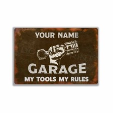 Personalized My Tools My Rules Vintage Rustic Brown Garage Sign or Sticker