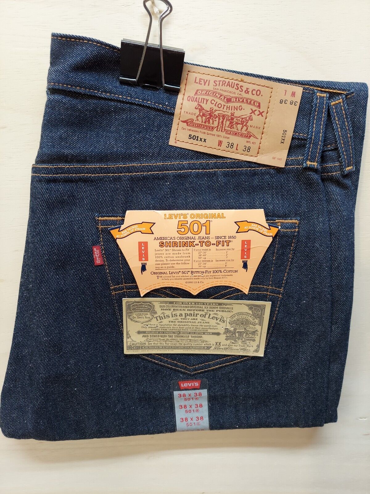 Vintage Levi's Shrink-To-Fit 501xx Blue Jeans, 38 x 38, NWT, NOS, Deadstock