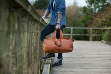 Distressed tan Leather Duffel Bag Travel Sports Overnight Luggage Handbag Holdal