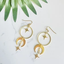 Gold Star Crescent Moon Hoop Dangle Earrings Moon Phases Bohemian Jewelry NEW