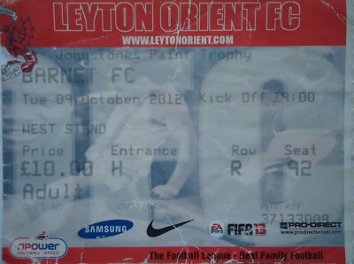 TICKET England 9.10.2012 Leyton Orient - Barnet FC