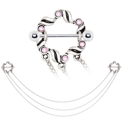 14G 3/4'' Barbell Stainless Steel Faux Opal Pearl Triple Chain Nipple Shield F200
