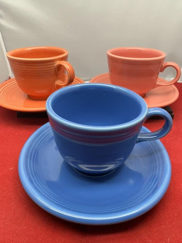 Lot Of 3 Blue , Pink , And Orange Fiesta  Ware Tea Coffee Cups And Saucers